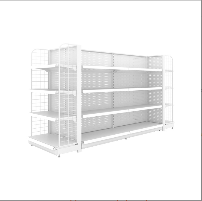 DONEGOODS white wall gondola shelving unit with gridwall backing and four adjustable shelves