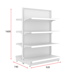 Single-sided wall gondola shelving unit, 1600mm high x 920mm wide x 740mm deep, four adjustable shelves with price tag rails